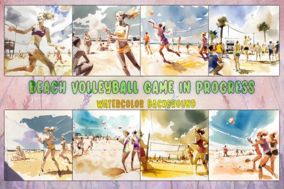 Beach Volleyball Game in Progress: Elevating Creative Projects with Watercolor Backgrounds